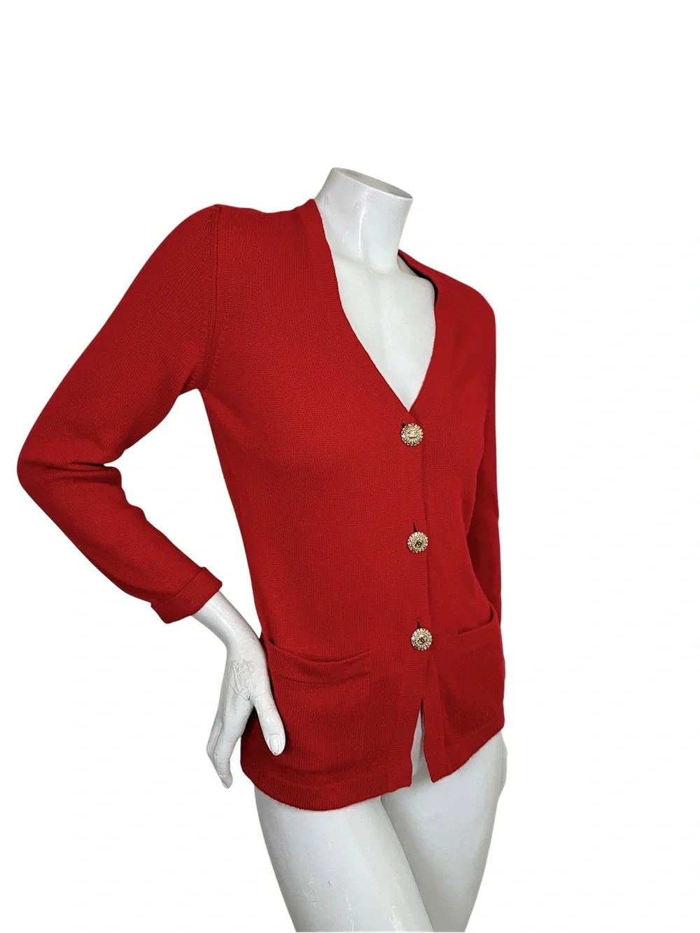 Vintage 90s Chanel Red Cashmere Cardigan Jeweled CC Buttons